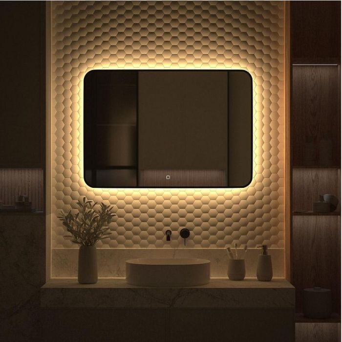 Зеркало Defesto Aura 100х70 DF 2979SH с подсветкой 32W-3000K/Сенсорный выключатель/Теплый белый свет/Черная рама