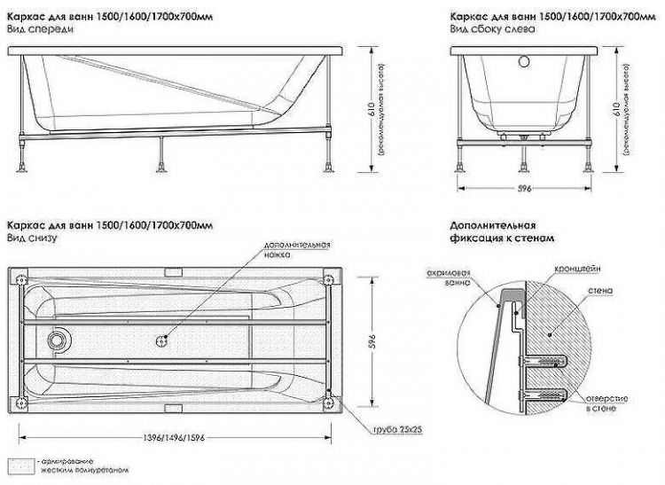 Каркас для ванны Melodia della vita Simple / Moderno 170х70 MFEUNI04 Серый