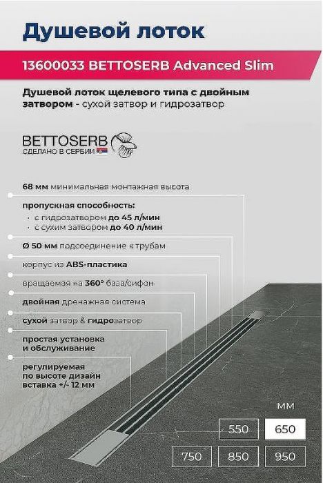 Душевой лоток Bettoserb Advanced Slim 65 13600033 с решеткой Нержавеющая сталь