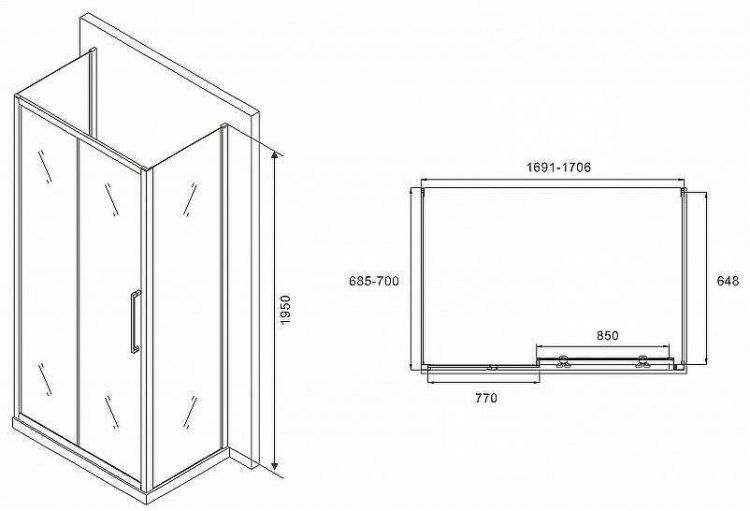 Душевой уголок Abber Schwarzer Diamant 170x70 AG30170MH-S70M-S70M профиль Хром стекло матовое