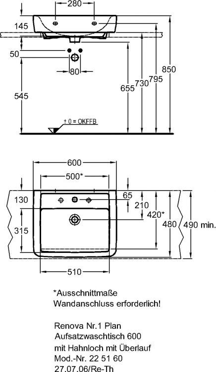 Раковина Keramag Renova Nr.1 Plan, 225160000