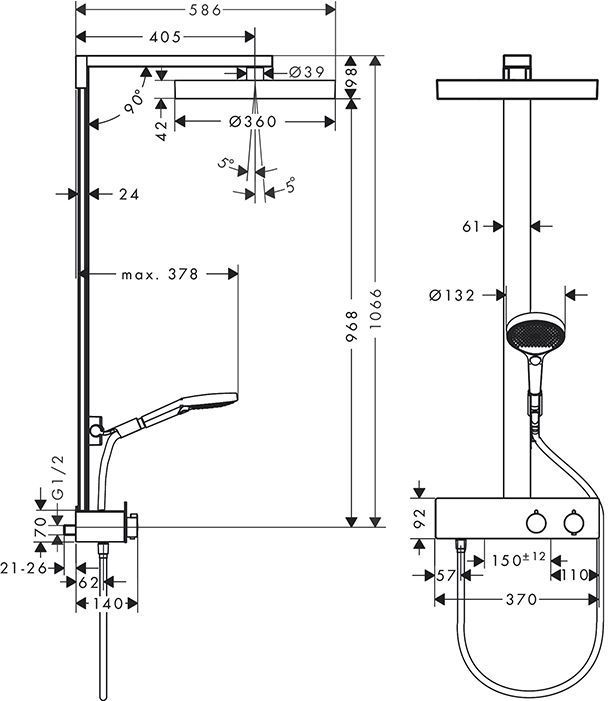 Hansgroh Rainfinity Душевая система с верхнем душем 36см., термостатическим смесителем, ручным душем и шлангом 160см., цвет: хром