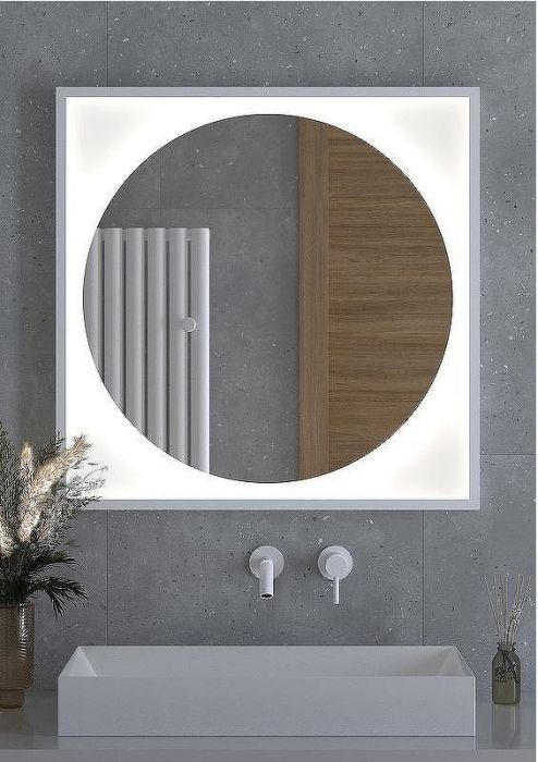 Зеркало Defesto Eclipce 80х80 DF 2228 с подсветкой 18W-4500К/в багетной раме/Без выключателя/Нейтральный белый свет/Белая рама