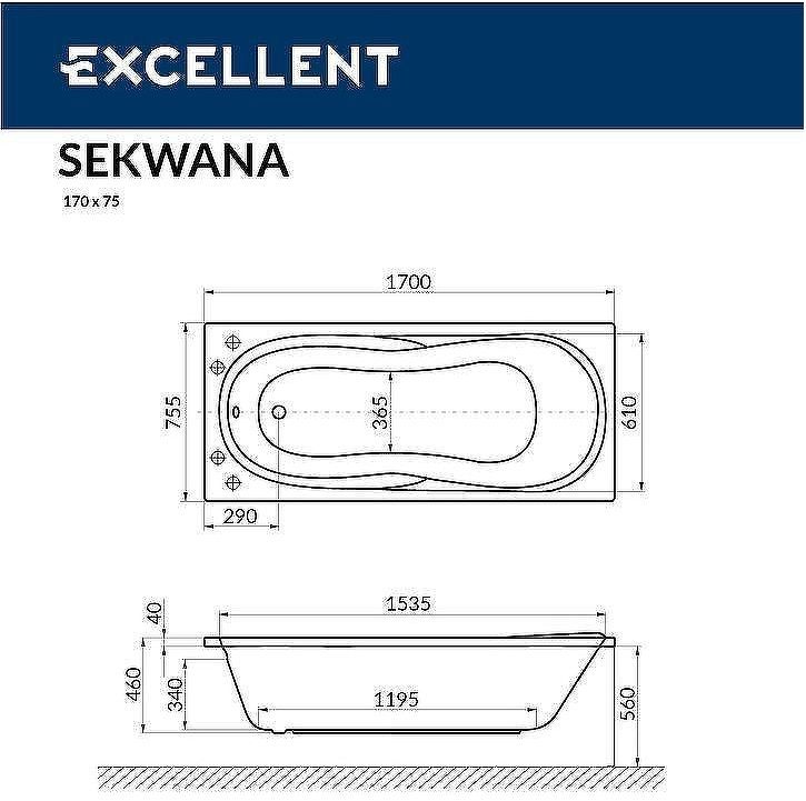Акриловая ванна Excellent Sekwana 170x75 WAEX.SEK17.NANO.CR с гидромассажем