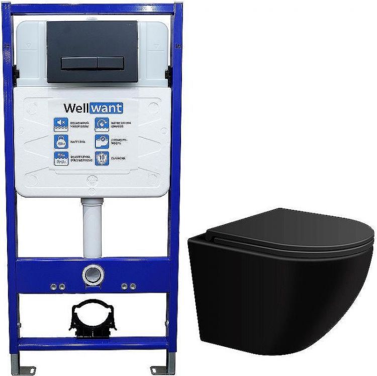 Комплект унитаза WellWant Aura WWU01122B с инсталляцией WellWant Standart 50 WWISI111BB с сиденьем Микролифт и Черной матовой клавишей смыва