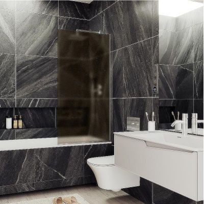 Шторка на ванну Maybah Glass MGV-74-5у 600x1400 в узком профиле Хром матовый стекло бронзовое матовое