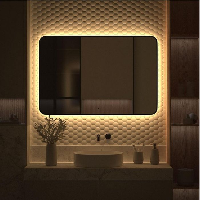 Зеркало Defesto Aura 120х80 DF 2980RH с подсветкой 38W-3000K/ИК - выключатель/Теплый белый свет/Черная рама