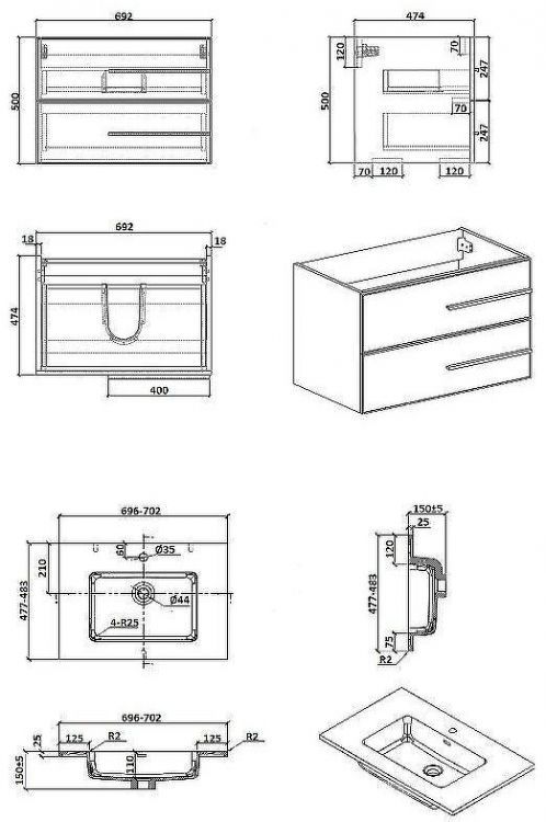 Тумба с раковиной Parly Spa Bella 70 Bella70 10142 подвесная Белая глянцевая