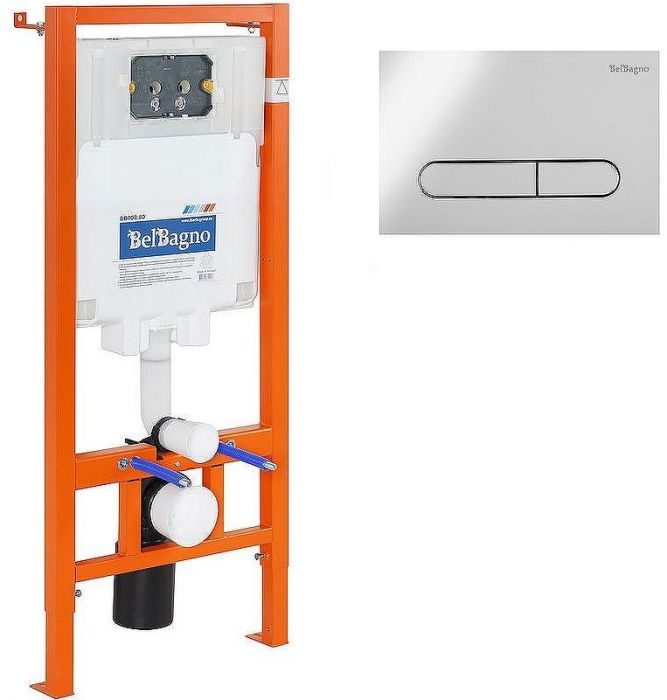 Комплект унитаза с инсталляцией BelBagno Uno BB3105CHR/SC/BB002-80/BB005-PR-CHROME с сиденьем Микролифт и клавишей смыва Хром глянцевый