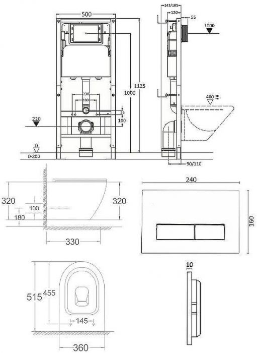 Комплект унитаза с инсталляцией Agger ATI03100+APB244 с сиденьем Микролифт и Черной матовой клавишей смыва