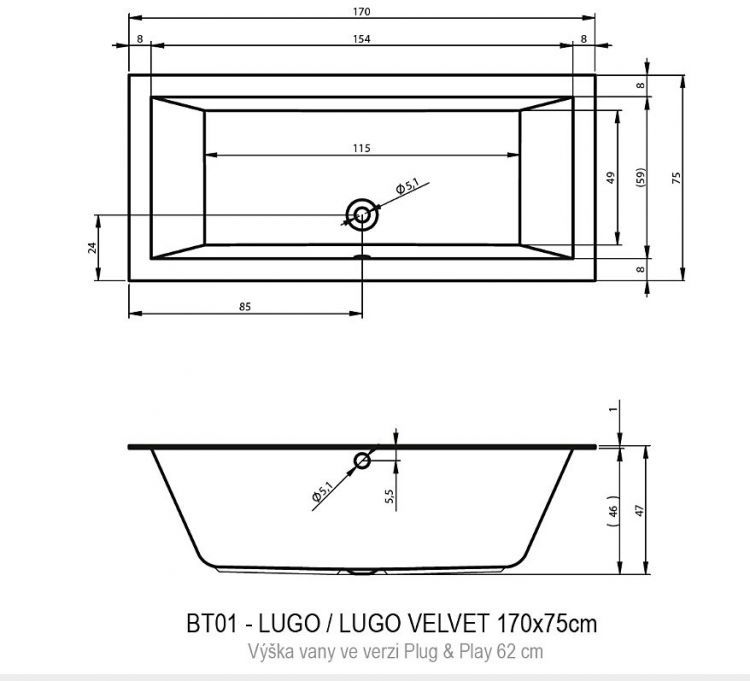 Акриловая ванна RIHO LUGO Plug&Play 170x75 LEFT, BD6200500000000 Акриловая ванна RIHO LUGO Plug&Play 170x75 LEFT, BD6200500000000