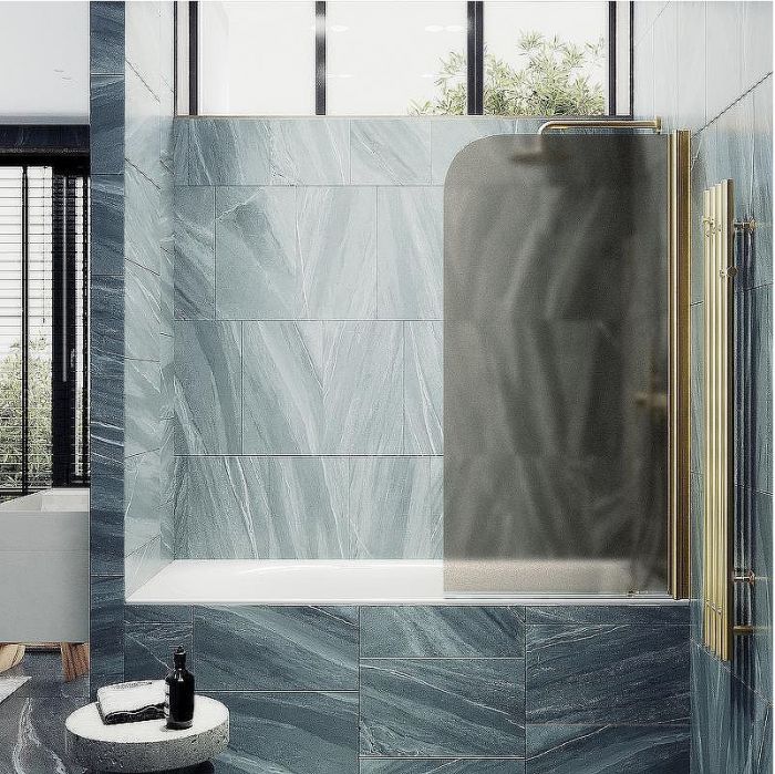 Шторка на ванну Maybah Glass MGV-602-3 400x1400 поворотная на монопетле Золото стекло бронзовое матовое