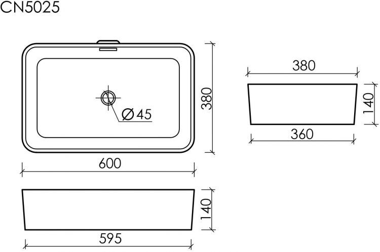 Умывальник чаша SANCOS Element накладная прямоугольная со сливом переливом 600x380x140мм, CN5025