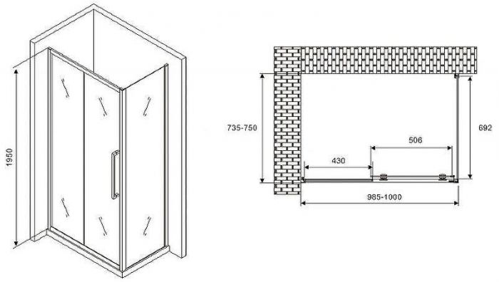 Душевой уголок Abber Schwarzer Diamant 100x75 AG30100BH-S75B профиль Черный стекло прозрачное
