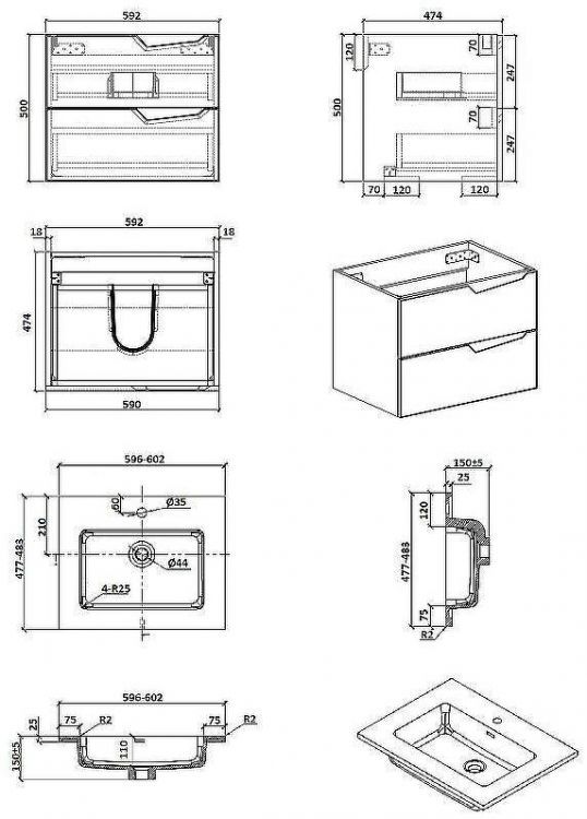 Тумба с раковиной Parly Spa Rhea 60 Rhea60 10128 подвесная Серая матовая