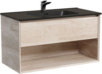 Тумба подвесная SANCOS Marmi 1.0 890х445х520 c одним ящиком оснащенным доводчиками скрытого монтажа и открытой нишей, дуб галифакс натуральный, MR1.090EG