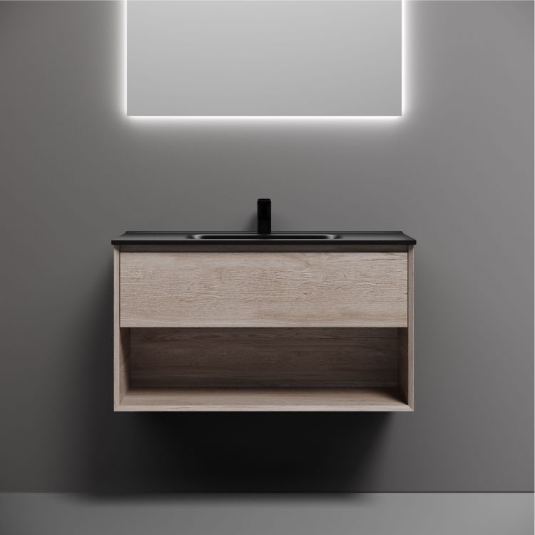 Тумба подвесная SANCOS Marmi 1.0 890х445х520 c одним ящиком оснащенным доводчиками скрытого монтажа и открытой нишей, дуб галифакс натуральный, MR1.090EG