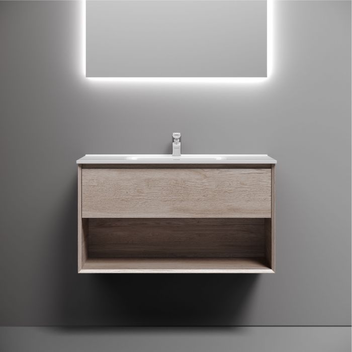 Тумба подвесная SANCOS Marmi 1.0 890х445х520 c одним ящиком оснащенным доводчиками скрытого монтажа и открытой нишей, дуб галифакс натуральный, MR1.090EG