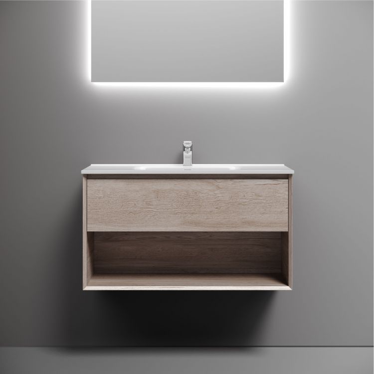 Тумба подвесная SANCOS Marmi 1.0 890х445х520 c одним ящиком оснащенным доводчиками скрытого монтажа и открытой нишей, дуб галифакс натуральный, MR1.090EG