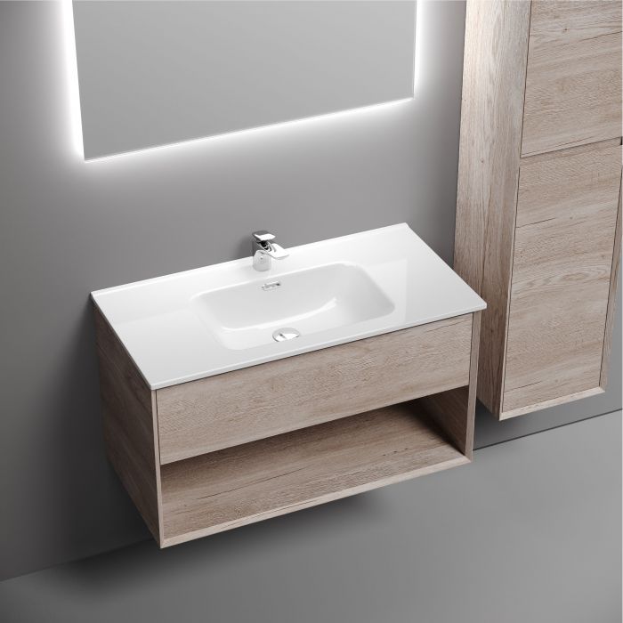 Тумба подвесная SANCOS Marmi 1.0 890х445х520 c одним ящиком оснащенным доводчиками скрытого монтажа и открытой нишей, дуб галифакс натуральный, MR1.090EG