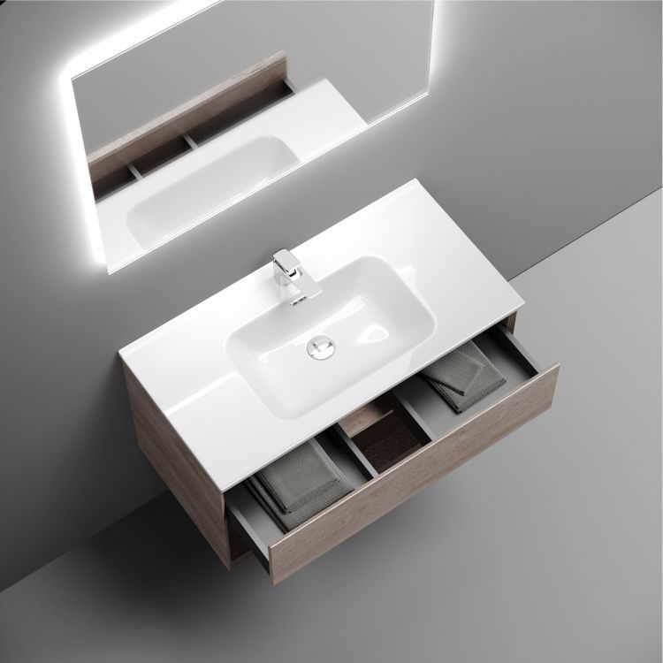 Тумба подвесная SANCOS Marmi 1.0 890х445х520 c одним ящиком оснащенным доводчиками скрытого монтажа и открытой нишей, дуб галифакс натуральный, MR1.090EG