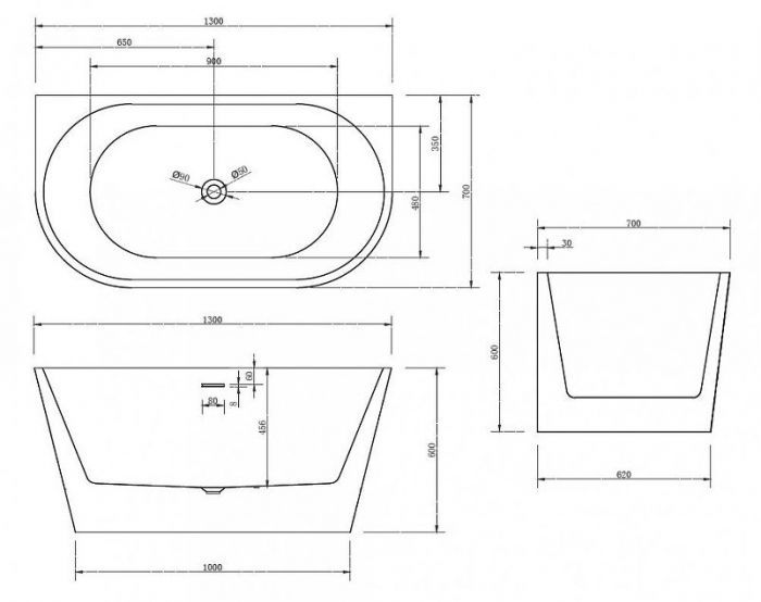 Акриловая ванна Abber 130х70 AB9216-1.3 без гидромассажа