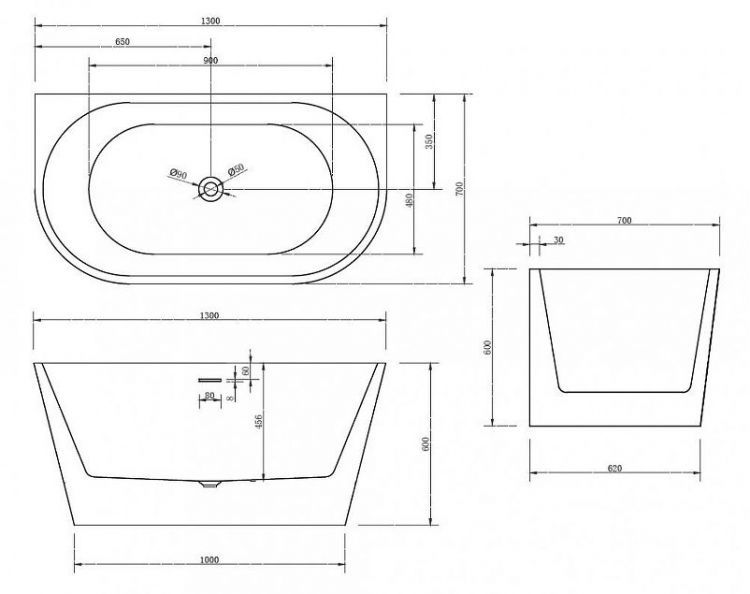 Акриловая ванна Abber 130х70 AB9216-1.3 без гидромассажа