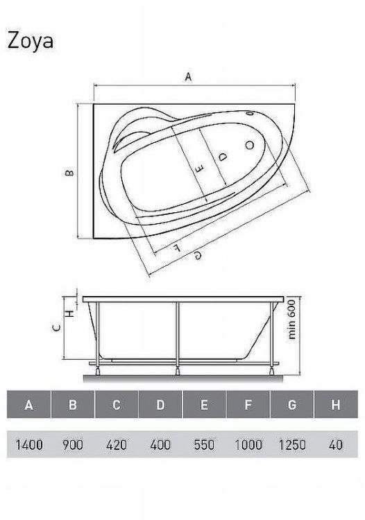 Акриловая ванна Relisan Zoya 140x90 L Гл000001247 без гидромассажа