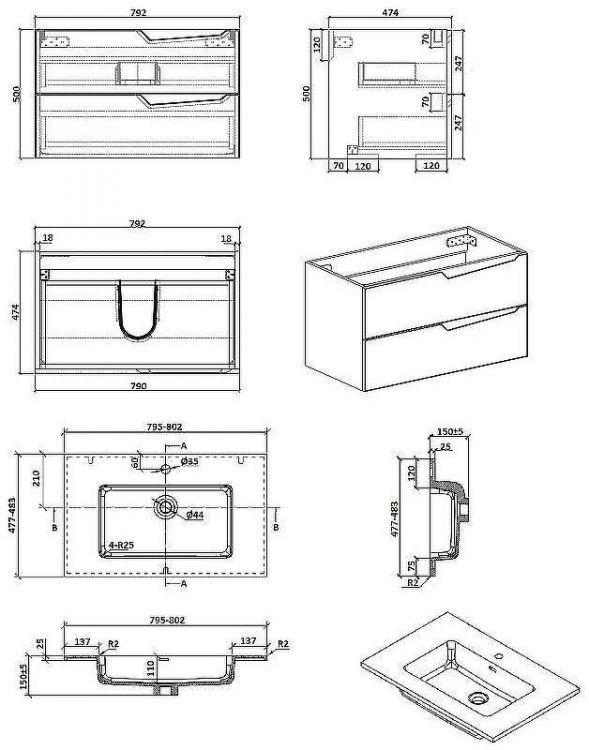 Тумба с раковиной Parly Spa Rhea 80 Rhea80 10133 подвесная Серая матовая