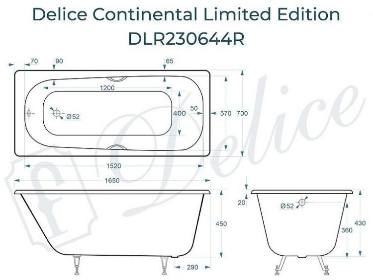 Чугунная ванна Delice Continental Limited Edition 165х70 DLR230644R с отверстиями под ручки без антискользящего покрытия