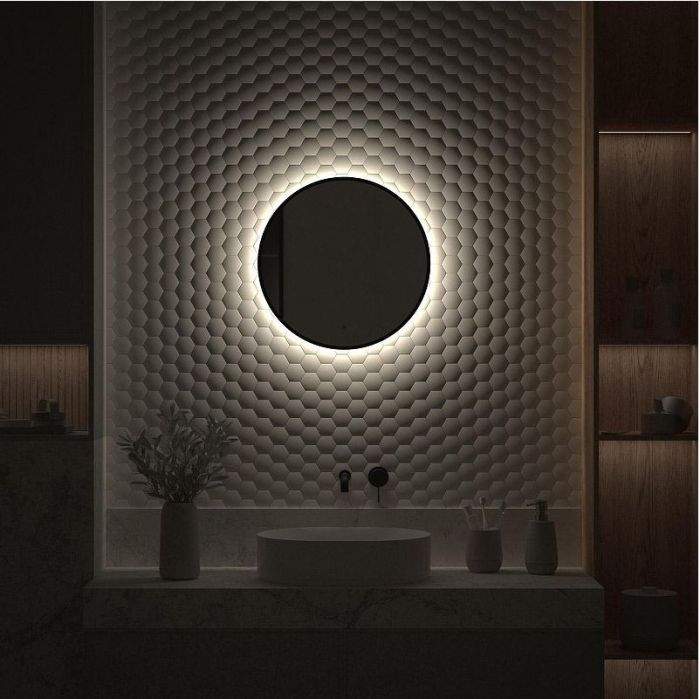 Зеркало Defesto Aura 50х50 DF 2982R с подсветкой 12W-4500K/ИК - выключатель/Нейтральный белый свет/Черная рама