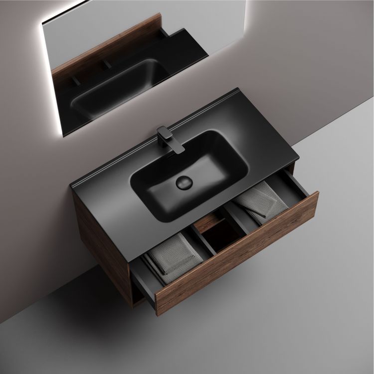 Тумба подвесная SANCOS Marmi 1.0 890х445х520 c одним ящиком оснащенным доводчиками скрытого монтажа и открытой нишей, дуб чарльстон,MR1.090ECH