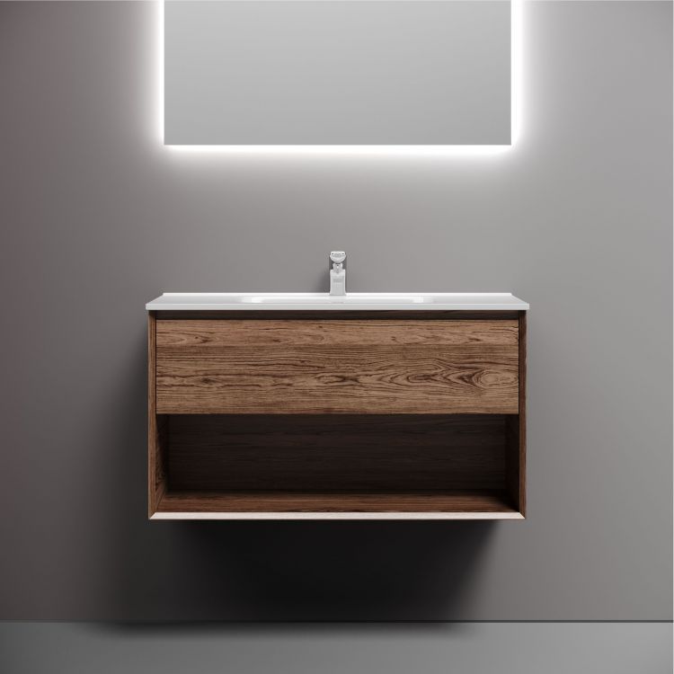 Тумба подвесная SANCOS Marmi 1.0 890х445х520 c одним ящиком оснащенным доводчиками скрытого монтажа и открытой нишей, дуб чарльстон,MR1.090ECH