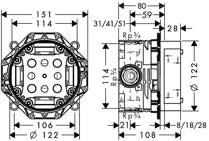 Axor Универсальная скрытая часть &frac12;&rsquo; / &frac34;, подходит для всех готовых наборов для душа, ванны и для термостата