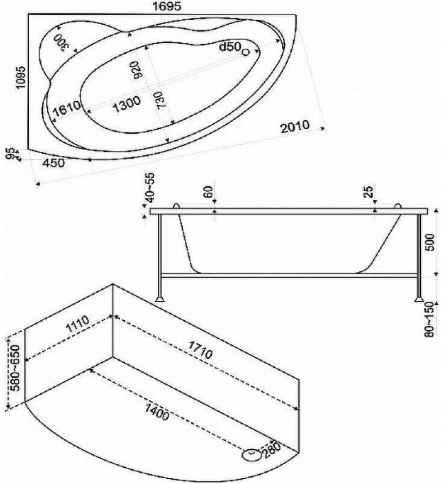 Акриловая ванна Bas Лагуна 170x110 R В 00020 без гидромассажа