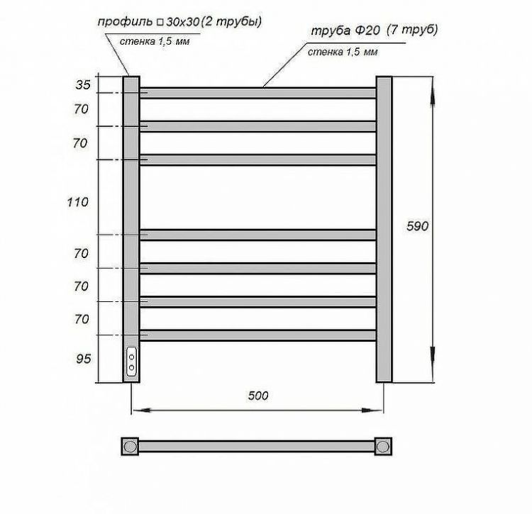 Электрический полотенцесушитель Point Веста PN70756B П7 500x590 диммер слева Черный