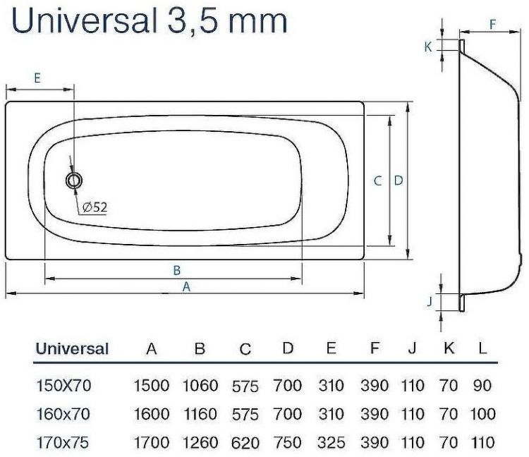 Стальная ванна Koller Pool Universal 150x70 B50HAH00E с антискользящим покрытием
