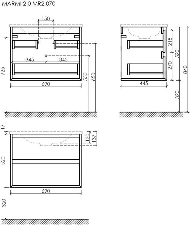 Тумба подвесная SANCOS Marmi 2.0 690х445х520 с двумя ящиками оснащенными доводчиками скрытого монтажа, дуб галифакс натуральный, MR2.070EG