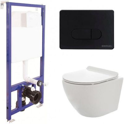 Комплект унитаза AQUAme AQM2002 с инсталляцией Berges Novum D5 040235 с сиденьем Микролифт и Черной матовой клавишей смыва