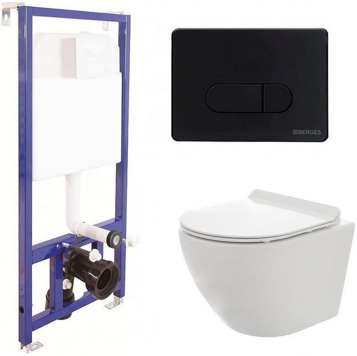 Комплект унитаза AQUAme AQM2002 с инсталляцией Berges Novum D5 040235 с сиденьем Микролифт и Черной матовой клавишей смыва