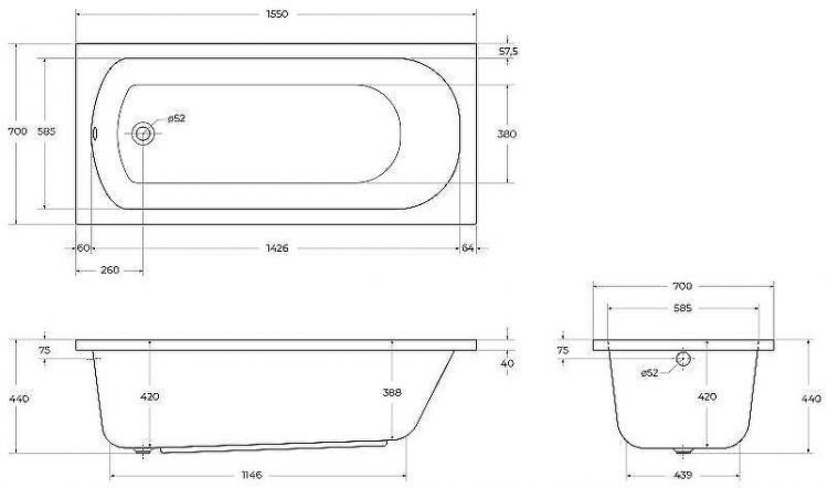Акриловая ванна Cezares Eco 155х70 ECO-155-70-41-W37 без гидромассажа