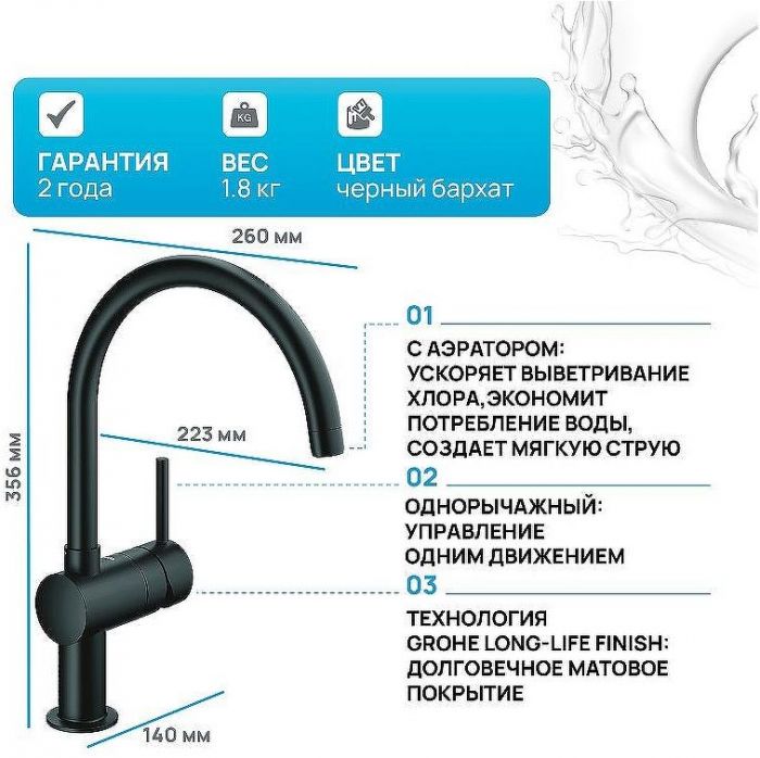 Смеситель для кухни Grohe Minta 32917KS0 Черный бархат