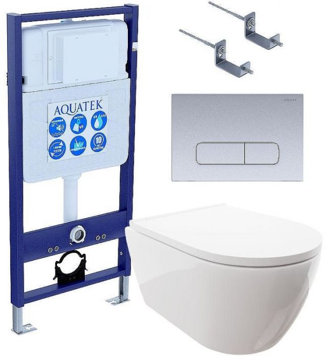 Комплект унитаза с инсталляцией Aquatek Set Aquatek Поларис-014 4в1 с сиденьем Микролифт и клавишей смыва Хром матовый