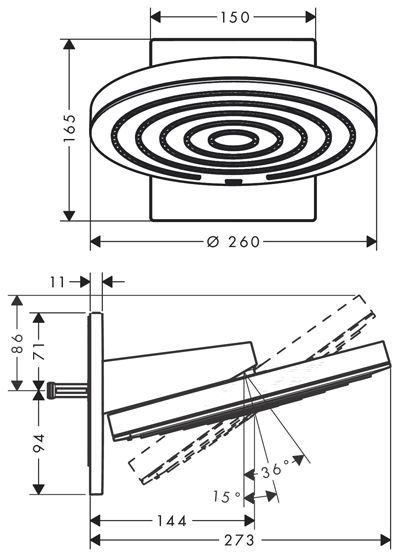 Hansgrohe Pulsify Верхний душ &Oslash;260 мм., с настенным креплением, 2 режима, внешняя часть, цвет: черный матовый/графит