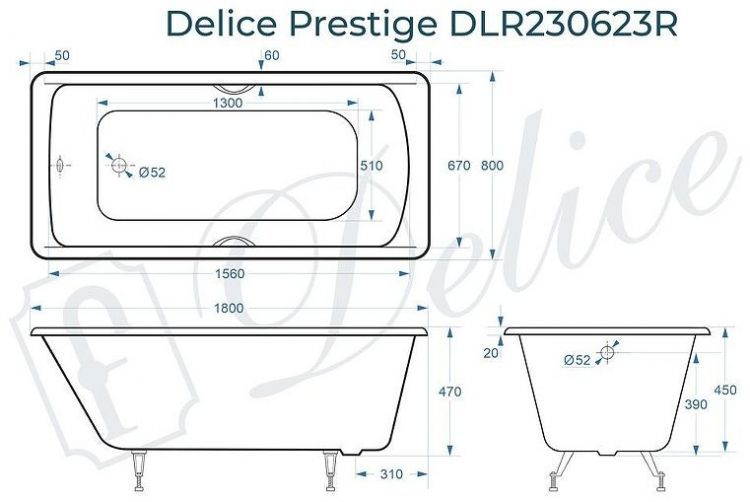 Чугунная ванна Delice Prestige 180х80 DLR230623R с отверстиями под ручки без антискользящего покрытия