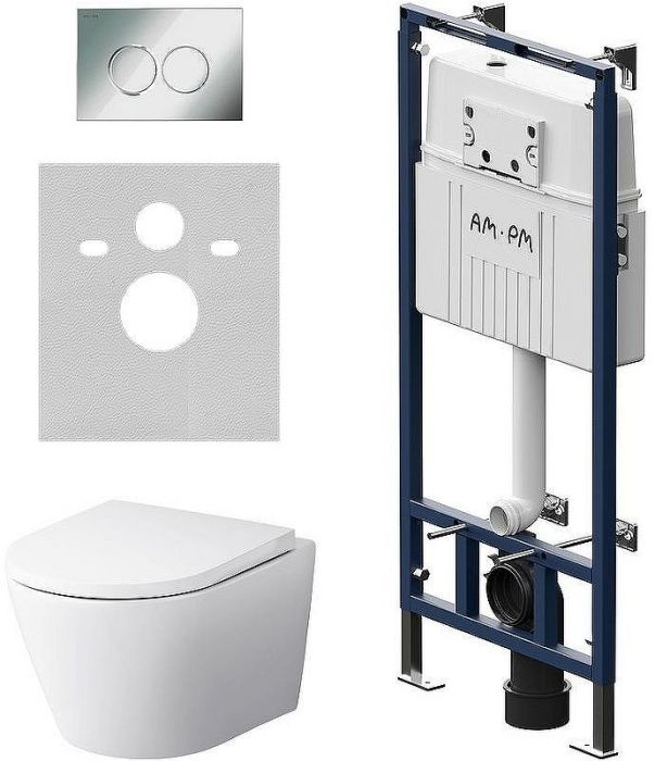 Комплект унитаза с инсталляцией AM.PM Sense FlashClean IS100151.741701 с сиденьем Микролифт и клавишей смыва Хром глянцевый