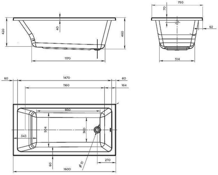 Акриловая ванна Marka One Bianca 160х75 01бья1675 без гидромассажа Акриловая ванна Marka One Bianca 160х75 01бья1675 без гидромассажа