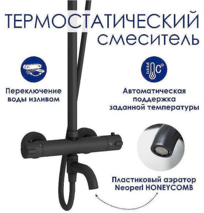 Душевая система WasserKRAFT A288.258.217.BM Thermo с термостатом Черная матовая