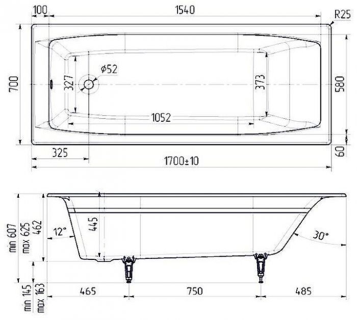 Чугунная ванна Creto Edge 170x70 26-1170 без антискользящего покрытия