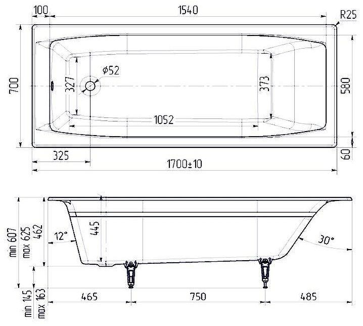 Чугунная ванна Creto Edge 170x70 26-1170 без антискользящего покрытия